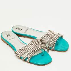 Pre Owned Gina Lexi Size 38.5 Green Patent Leather Crystal Embellished Flat Slide Sandals