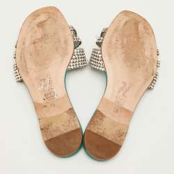 Pre Owned Gina Lexi Size 38.5 Green Patent Leather Crystal Embellished Flat Slide Sandals