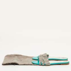 Pre Owned Gina Lexi Size 38.5 Green Patent Leather Crystal Embellished Flat Slide Sandals