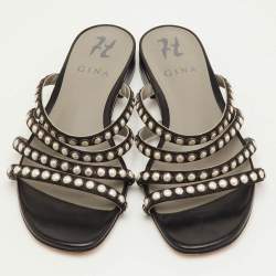 Pre Owned صندل جينا مزخرف مسطح بأسود ساتان مع سيور مقاس 38.5