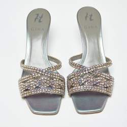 Pre Owned صندل سلايد جينا جلد أرجواني/أخضر مزخرف كريستال مقاس 40