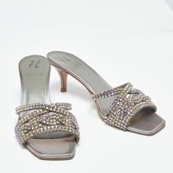 Pre Owned صندل سلايد جينا جلد أرجواني/أخضر مزخرف كريستال مقاس 40