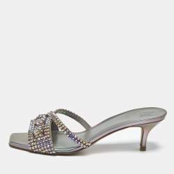 مملوكة مسبقًا Gina Size 38.5 Silver Leather Crystal Embellished Slide Sandals