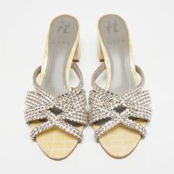 مملوكة مسبقًا صندل سلايد جينا جلد ميتاليك مزخرف كريستال مقاس 38.5