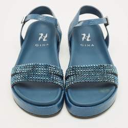 مملوكة مسبقًا Gina Size 39 Navy Blue Lizard Embossed Leather Ankle Strap Flat Sandals