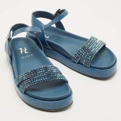 مملوكة مسبقًا Gina Size 39 Navy Blue Lizard Embossed Leather Ankle Strap Flat Sandals