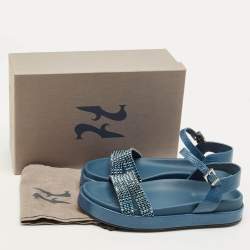 مملوكة مسبقًا Gina Size 39 Navy Blue Lizard Embossed Leather Ankle Strap Flat Sandals