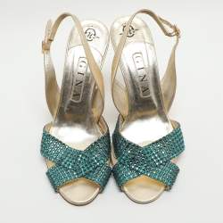 Pre Owned Gina Size 39.5 Gold Crystals and Metalic Leather Slingback Sandals