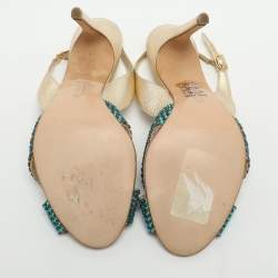 Pre Owned Gina Size 39.5 Gold Crystals and Metalic Leather Slingback Sandals