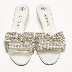 Pre Owned صندل سلايد جينا جلد ميتاليك مزخرف كريستال مقاس 38.5