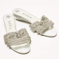 Pre Owned صندل سلايد جينا جلد ميتاليك مزخرف كريستال مقاس 38.5