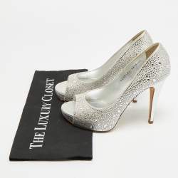 Pre Owned حذاء كعب عالي جينا نعل سميك مقدمة مفتوحة مزخرف كريستال ساتان رصاصي مقاس 38.5