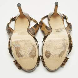 Pre Owned صندل جينا نعل سميك و سير كاحل جلد لامع مطبوع نقشة الفهد و جلد بني مقاس 36