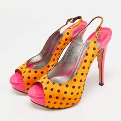 Pre Owned Gina Size 38 Gold/Black Polka Dot Satin Slingback Sandals