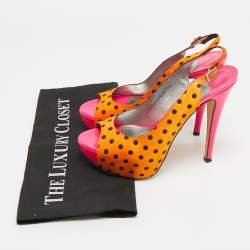 Pre Owned Gina Size 38 Gold/Black Polka Dot Satin Slingback Sandals