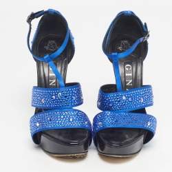 Pre Owned صندل جينا تي-ستراب منصة مزخرف كريستال جلد لامع أسود مقاس 40.5