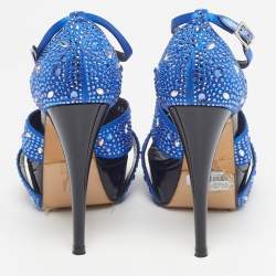 Pre Owned صندل جينا تي-ستراب منصة مزخرف كريستال جلد لامع أسود مقاس 40.5