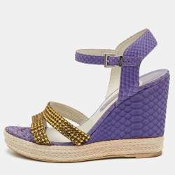 Pre Owned Gina Size 40 Purple Python Leather Crystal Embellished Platform Wedge Ankle Strap Sandals