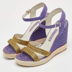 Pre Owned Gina Size 40 Purple Python Leather Crystal Embellished Platform Wedge Ankle Strap Sandals