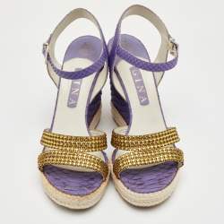 Pre Owned Gina Size 40 Purple Python Leather Crystal Embellished Platform Wedge Ankle Strap Sandals