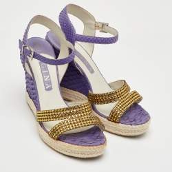 Pre Owned Gina Size 40 Purple Python Leather Crystal Embellished Platform Wedge Ankle Strap Sandals