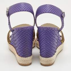 Pre Owned Gina Size 40 Purple Python Leather Crystal Embellished Platform Wedge Ankle Strap Sandals