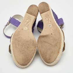 Pre Owned Gina Size 40 Purple Python Leather Crystal Embellished Platform Wedge Ankle Strap Sandals