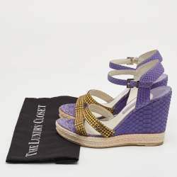 Pre Owned Gina Size 40 Purple Python Leather Crystal Embellished Platform Wedge Ankle Strap Sandals