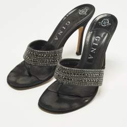Pre Owned Gina Size 39 Black Leather Crystal Embellished Thong Slide Sandals