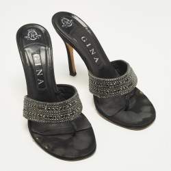 Pre Owned Gina Size 39 Black Leather Crystal Embellished Thong Slide Sandals
