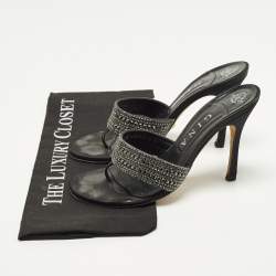 Pre Owned Gina Size 39 Black Leather Crystal Embellished Thong Slide Sandals