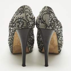 مملوكة مسبقً ا حذاء كعب عالي جينا نعل سميك مقدمة مفتوحة مزخرف كريستال ساتان رصاصي مقاس 38.5