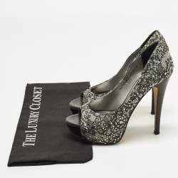 مملوكة مسبقًا حذاء كعب عالي جينا نعل سميك مقدمة مفتوحة مزخرف كريستال ساتان رصاصي مقاس 38.5