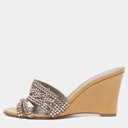 Pre Owned Gina Syracuse Size 39.5 Beige Leather Crystal Embellished Wedge Sandals