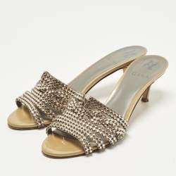 Pre Owned Gina Size 38.5 Beige Leather Crystal Embellished Slide Sandals