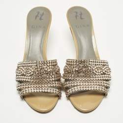 Pre Owned Gina Size 38.5 Beige Leather Crystal Embellished Slide Sandals