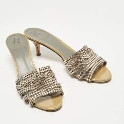 Pre Owned Gina Size 38.5 Beige Leather Crystal Embellished Slide Sandals