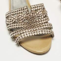 Pre Owned Gina Size 38.5 Beige Leather Crystal Embellished Slide Sandals
