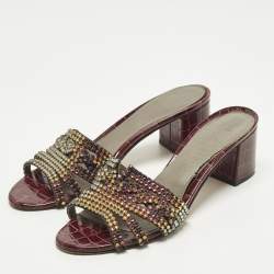 Pre Owned Gina Loren Size 40.5 Two Tone Croc Embossed Leather Crystal Embellished Slide Sandals