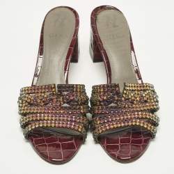 Pre Owned Gina Loren Size 40.5 Two Tone Croc Embossed Leather Crystal Embellished Slide Sandals