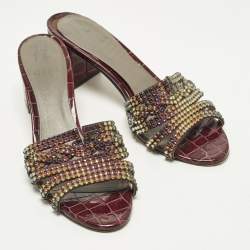 Pre Owned Gina Loren Size 40.5 Two Tone Croc Embossed Leather Crystal Embellished Slide Sandals