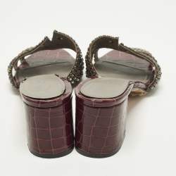 Pre Owned Gina Loren Size 40.5 Two Tone Croc Embossed Leather Crystal Embellished Slide Sandals