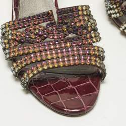 Pre Owned Gina Loren Size 40.5 Two Tone Croc Embossed Leather Crystal Embellished Slide Sandals