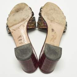 Pre Owned Gina Loren Size 40.5 Two Tone Croc Embossed Leather Crystal Embellished Slide Sandals