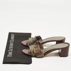 Pre Owned Gina Loren Size 40.5 Two Tone Croc Embossed Leather Crystal Embellished Slide Sandals