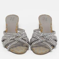 Pre Owned Gina Size 38.5 Grey Croc Embossed Leather Crystal Embellished Slide Sandals