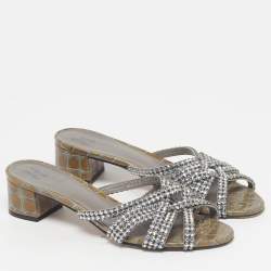 Pre Owned Gina Size 38.5 Grey Croc Embossed Leather Crystal Embellished Slide Sandals