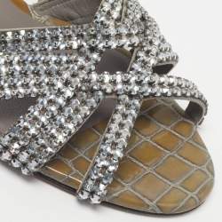 Pre Owned Gina Size 38.5 Grey Croc Embossed Leather Crystal Embellished Slide Sandals