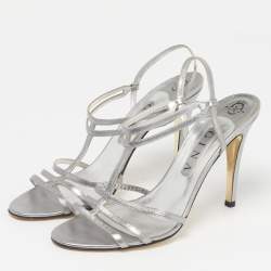 مملوكة مسبقًا Gina Size 40.5 Silver Leather Slingback Sandals