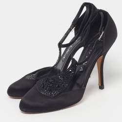 Pre Owned حذاء كعب عالي جينا ساتان رمادي بزخارف كريستال وحزام على الكاحل على شكل حرف T مقاس 37